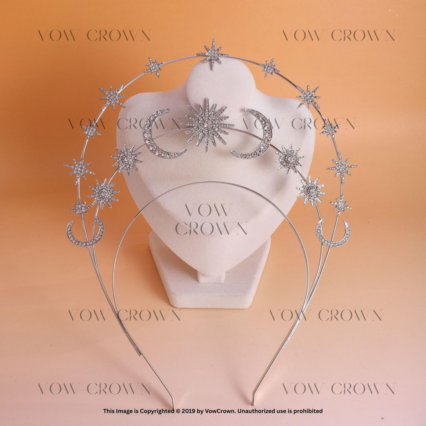 Silver Moon Star Headband Earrings Set - Bridal Celestial Crown