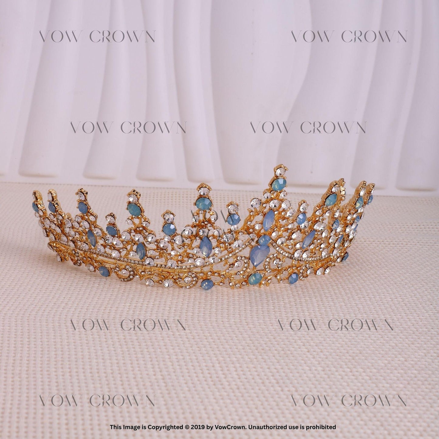 Opal Blue Crystal Tiara Jewelry Set: Bridal Gold Rhinestone Crown