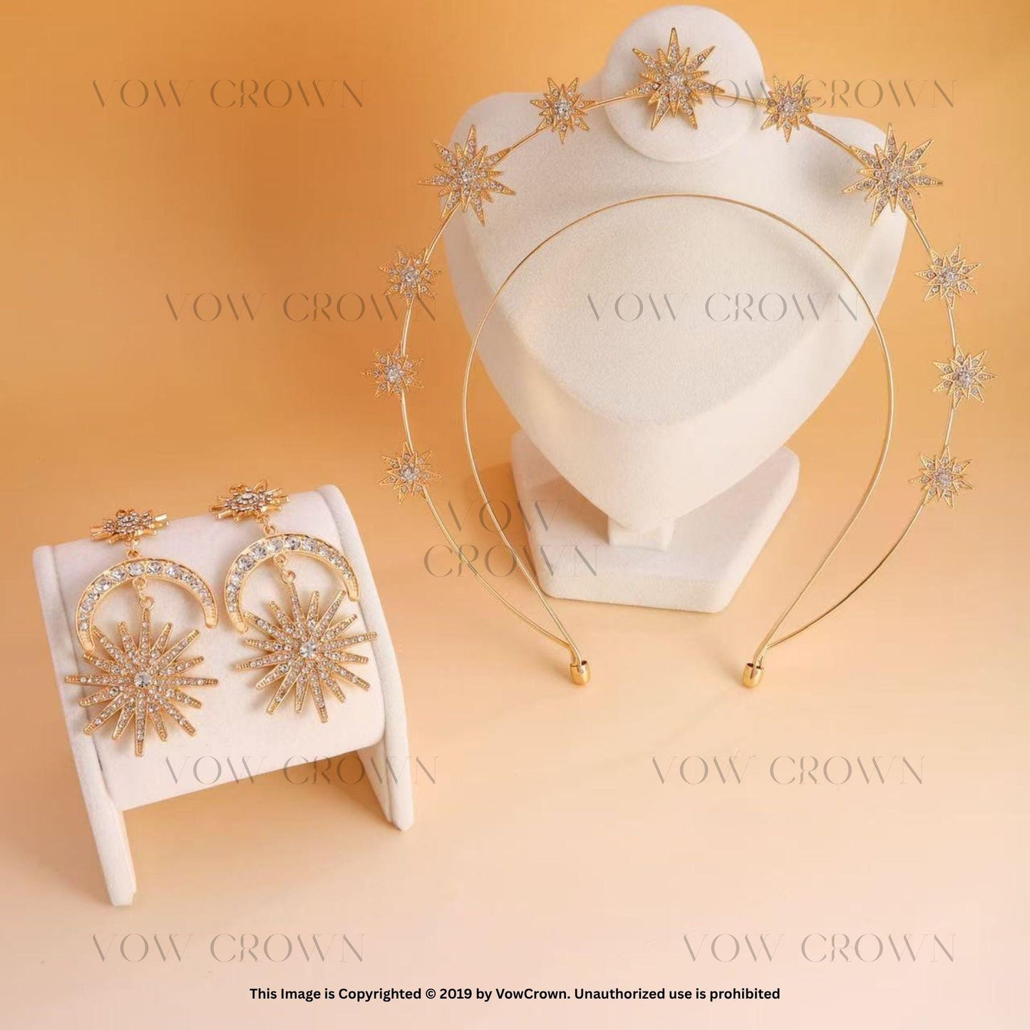 Gold Star Rhinestone Headband and Earrings: Celestial Bridal Set