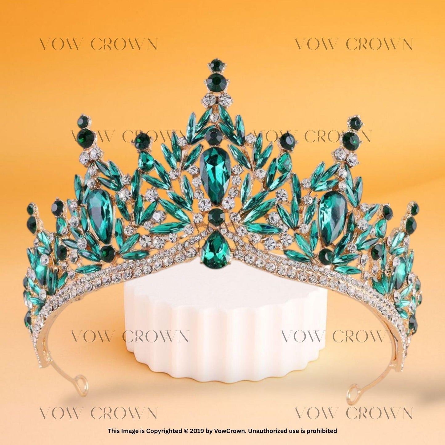 Opal Green Crystal Princess Tiara - Gold Rhinestone Queen Headband
