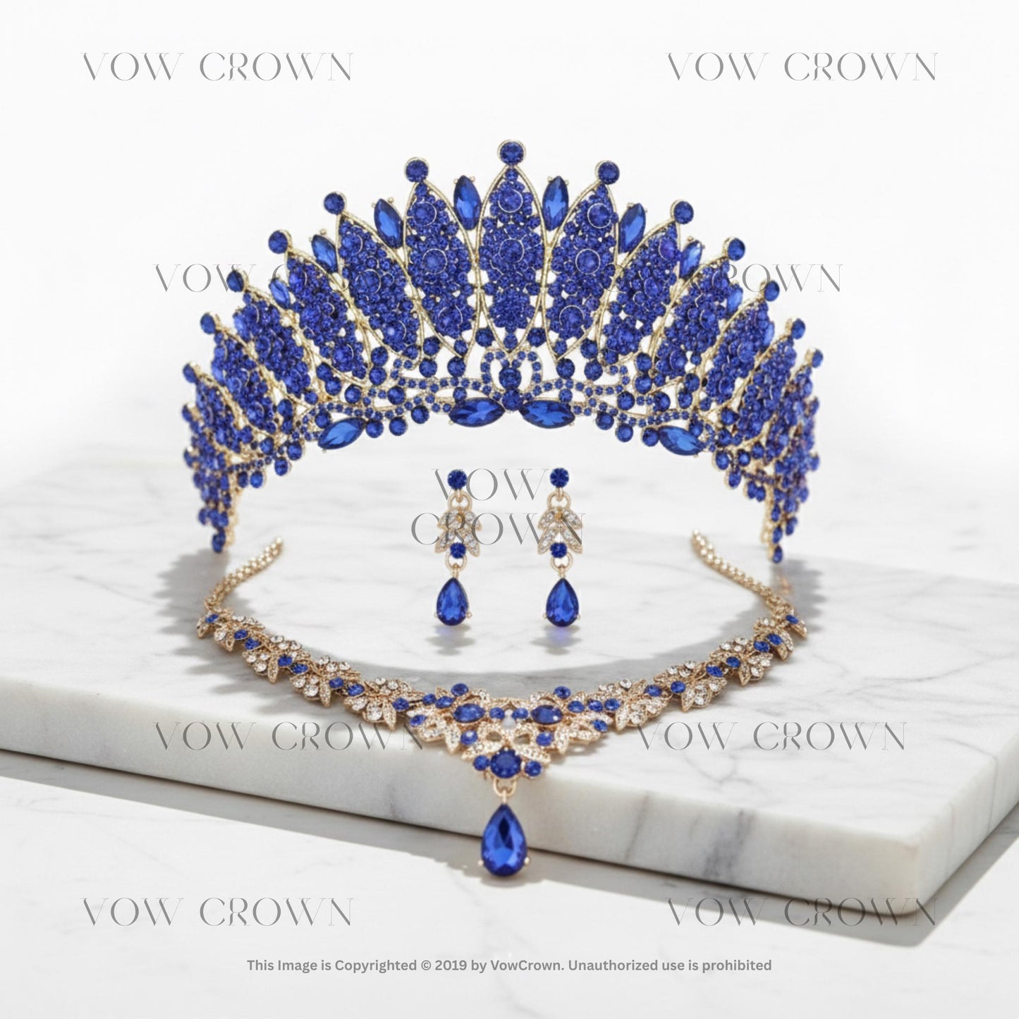 Gold Champagne Crystal Rhinestone Tiara Necklace Earrings Set | Red Blue Green Pink Jewelry Set