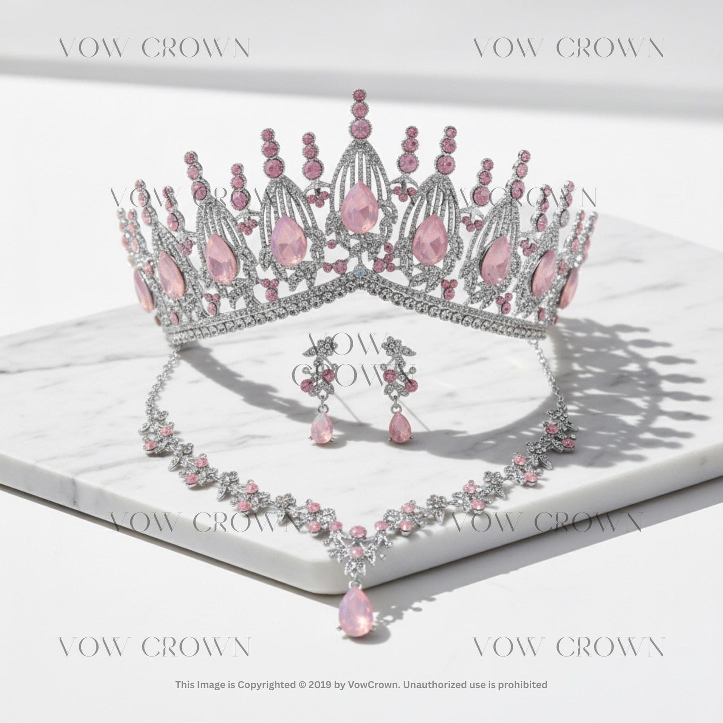 Opal Pink Crystal Bridal Tiara Necklace Earrings Set | Gold Green Blue Royal Wedding Jewelry