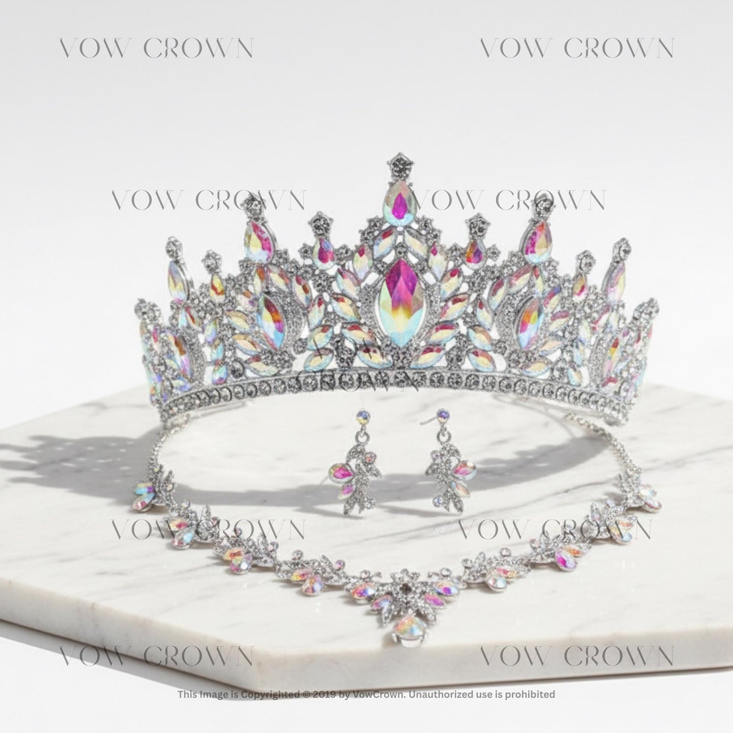 Gold Tiara Jewelry Set | Pink Crystal Rhinestone Bridal Crown