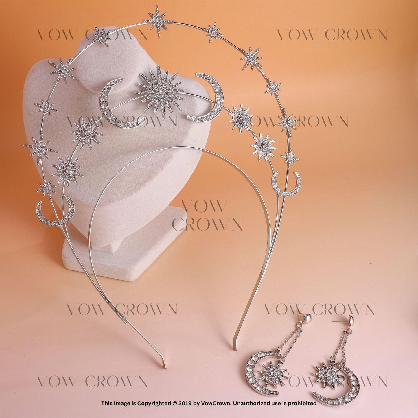 Silver Moon Star Headband Earrings Set - Bridal Celestial Crown