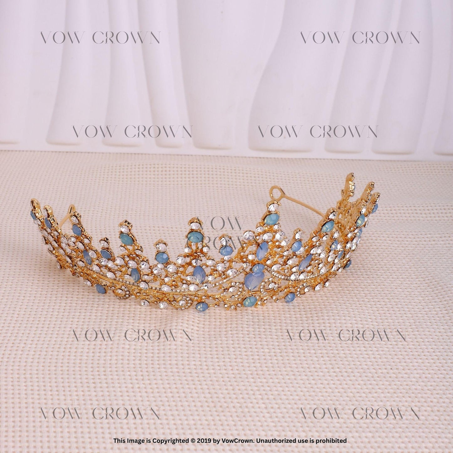 Opal Blue Crystal Tiara Jewelry Set: Bridal Gold Rhinestone Crown