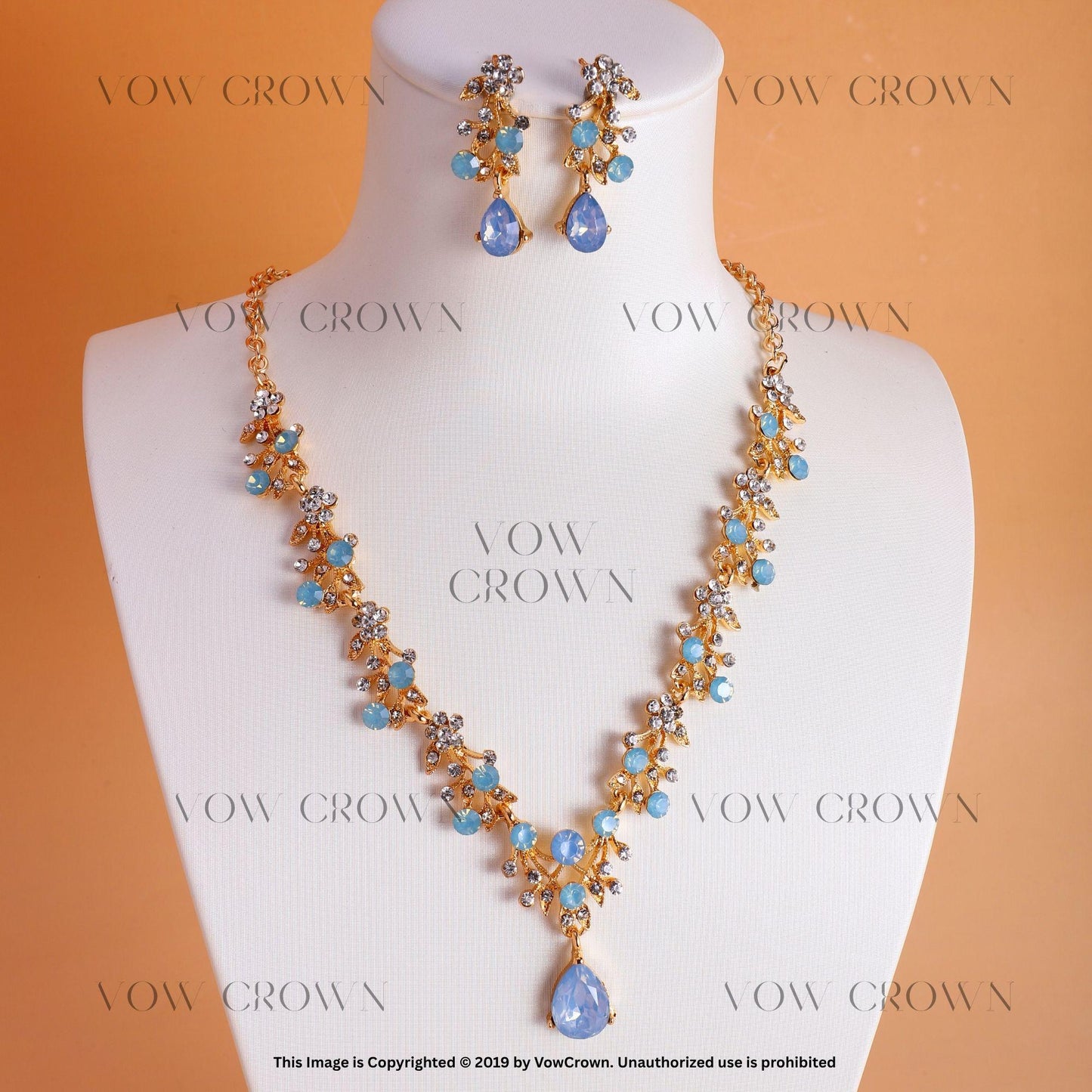 Opal Blue Crystal Tiara Jewelry Set: Bridal Gold Rhinestone Crown