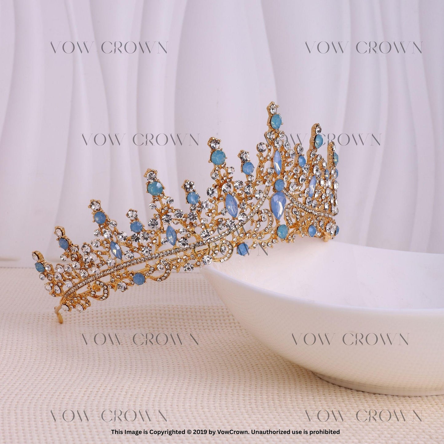 Opal Blue Crystal Tiara Jewelry Set: Bridal Gold Rhinestone Crown