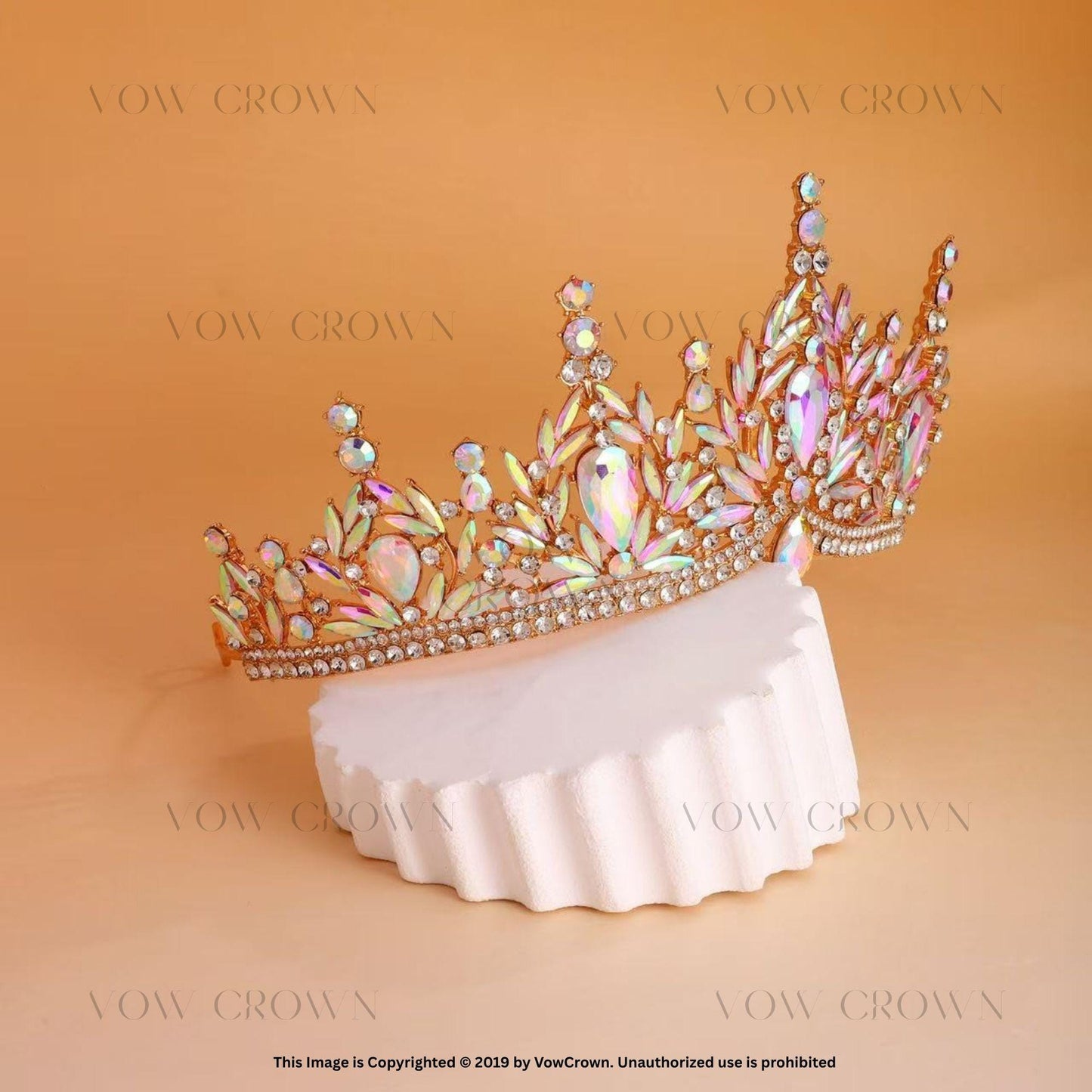 Gold Iridescent Bridal Crown: Aurora Borealis Crystal Queen Tiara