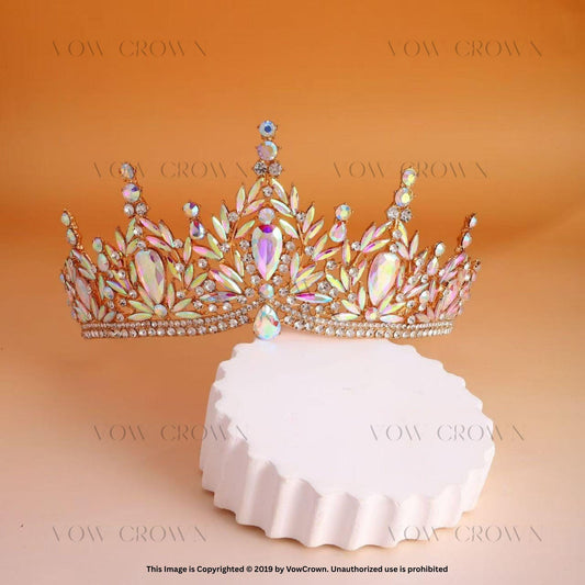Gold Iridescent Bridal Crown: Aurora Borealis Crystal Queen Tiara