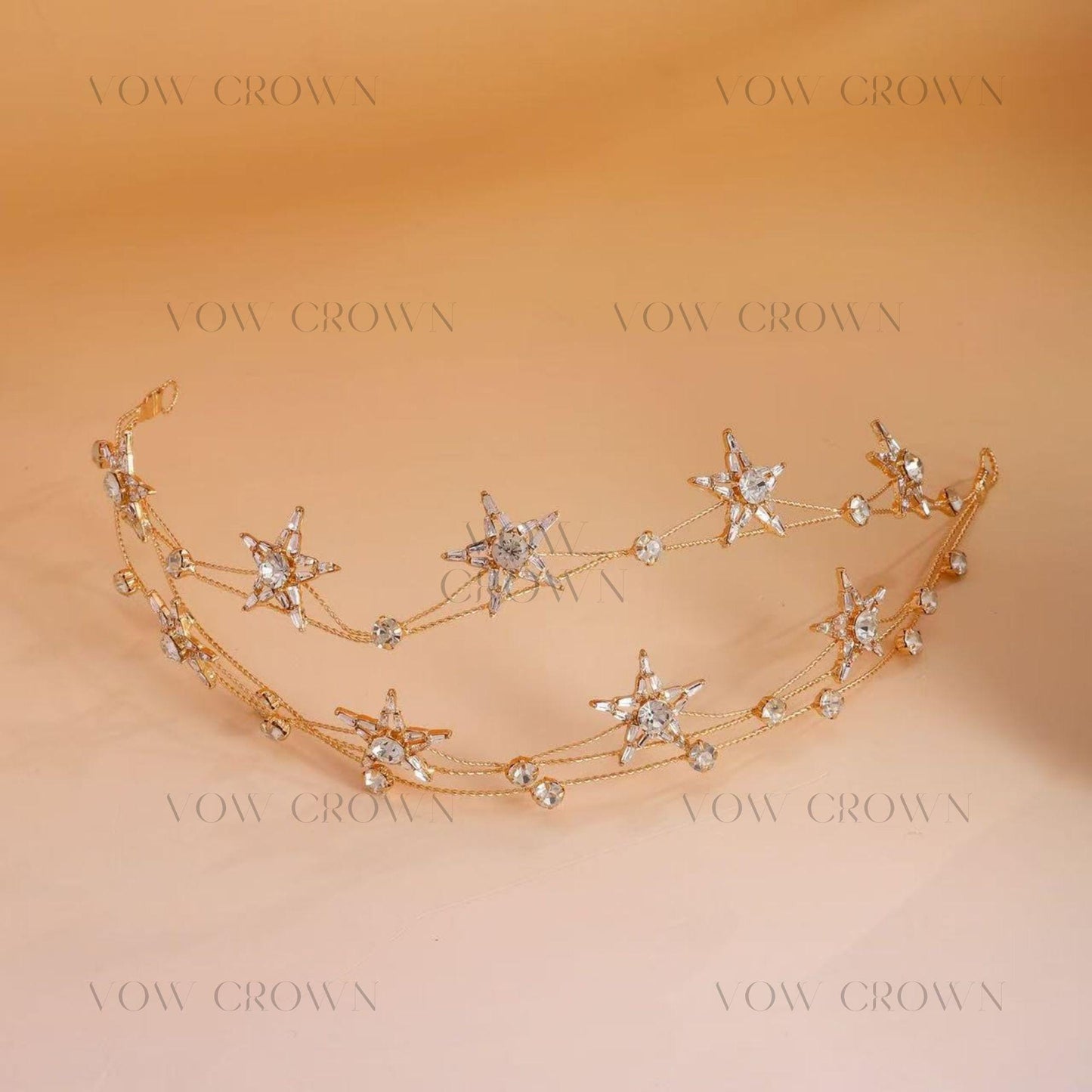 Handmade Gold Star Bridal Tiara: Baroque Crystal Celestial Crown