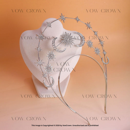Silver Moon Star Headband Earrings Set - Bridal Celestial Crown