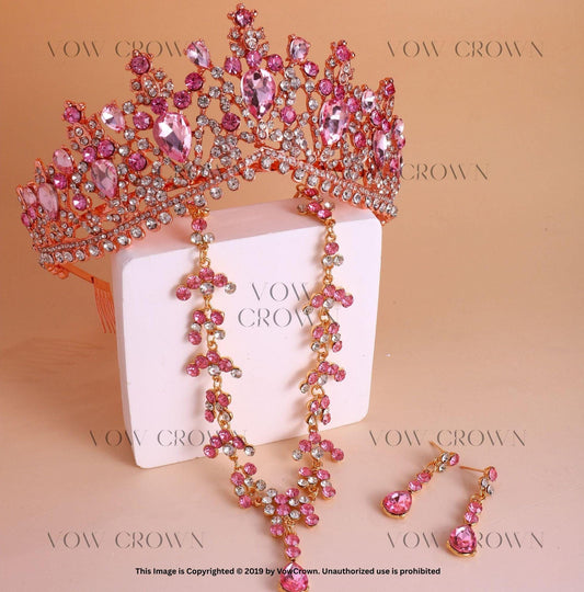 Pink Crystal Rhinestone Queen Crown Jewelry Set: Bridal Tiara Necklace Earrings