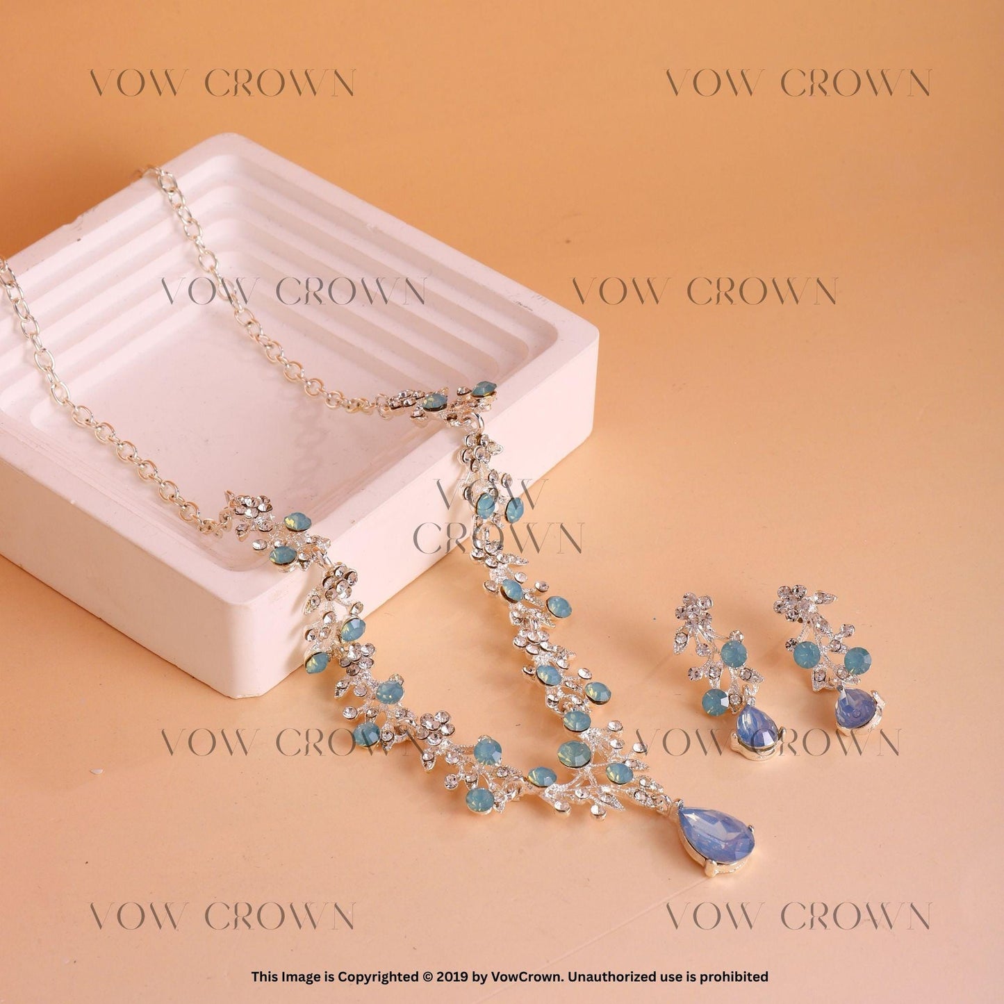 Blue Crystal Silver Tiara Jewelry Set: Bridal Rhinestone Accessories