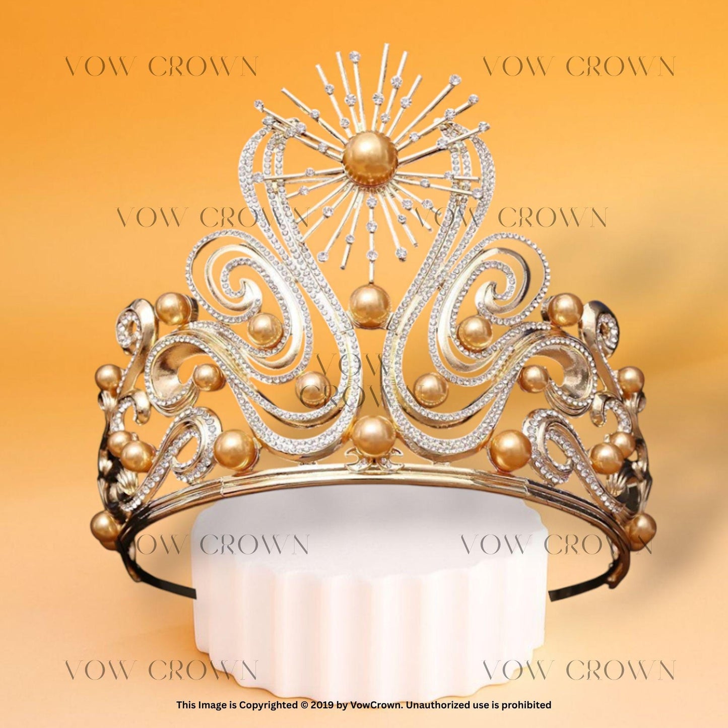 Golden Sunburst Pearl Crown: Celestial Goddess Tiara