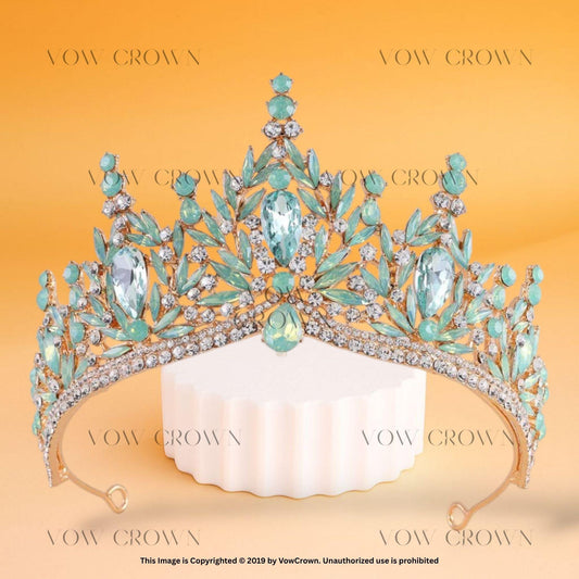 Opal Green Crystal Princess Tiara - Gold Rhinestone Queen Headband
