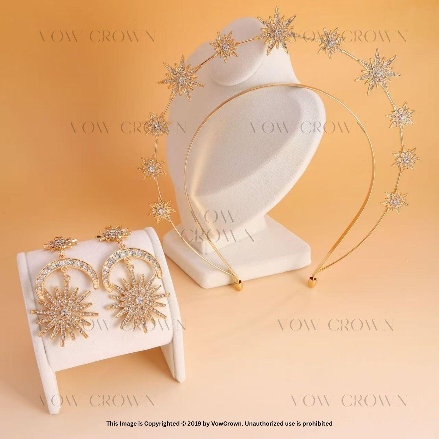 Gold Star Rhinestone Headband and Earrings: Celestial Bridal Set