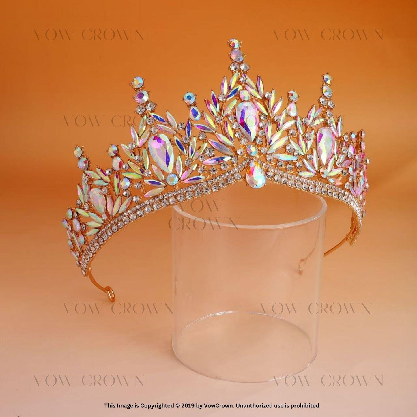 Gold Iridescent Bridal Crown: Aurora Borealis Crystal Queen Tiara