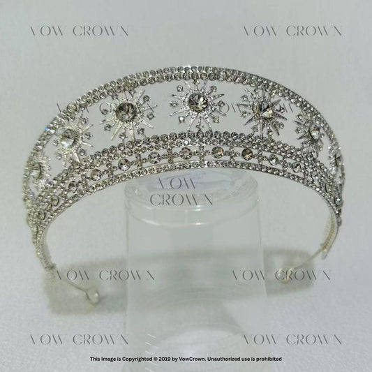 Silver Sunburst Tiara: Crystal Star Wedding Crown, Handmade Headpiece