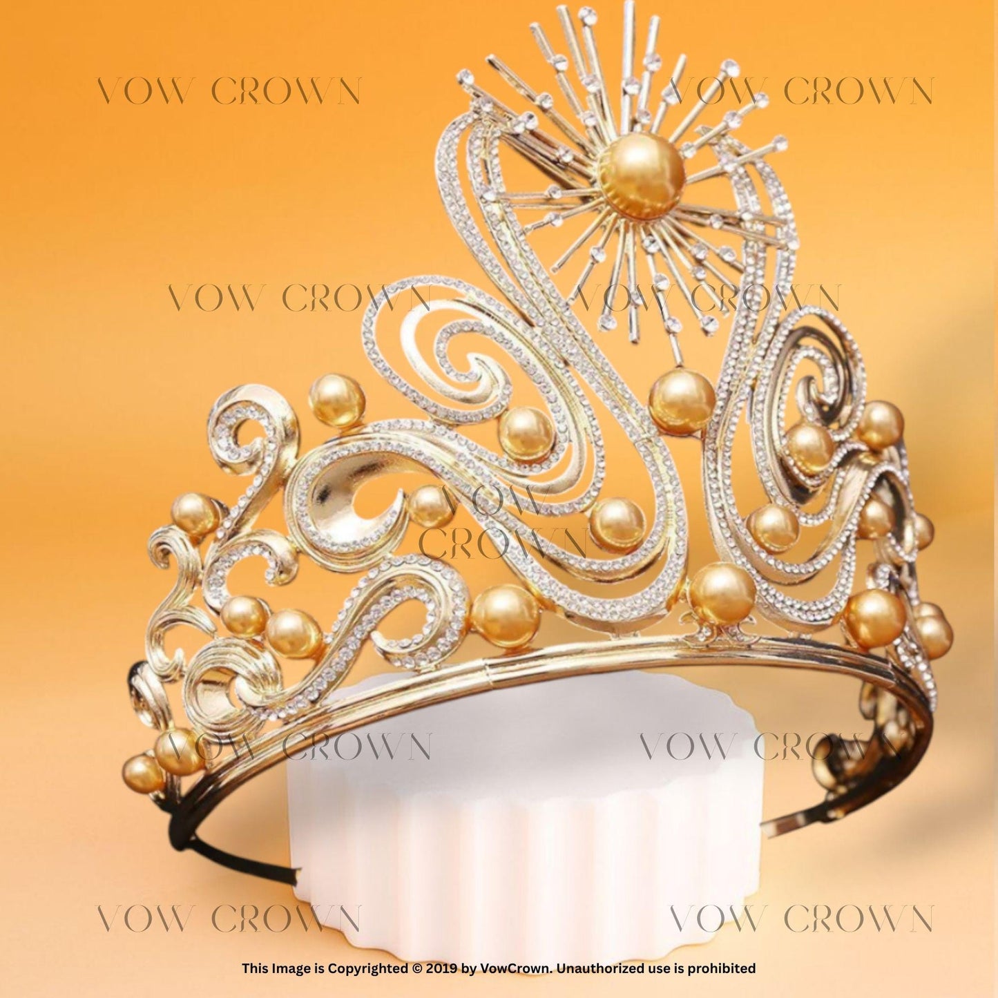Golden Sunburst Pearl Crown: Celestial Goddess Tiara