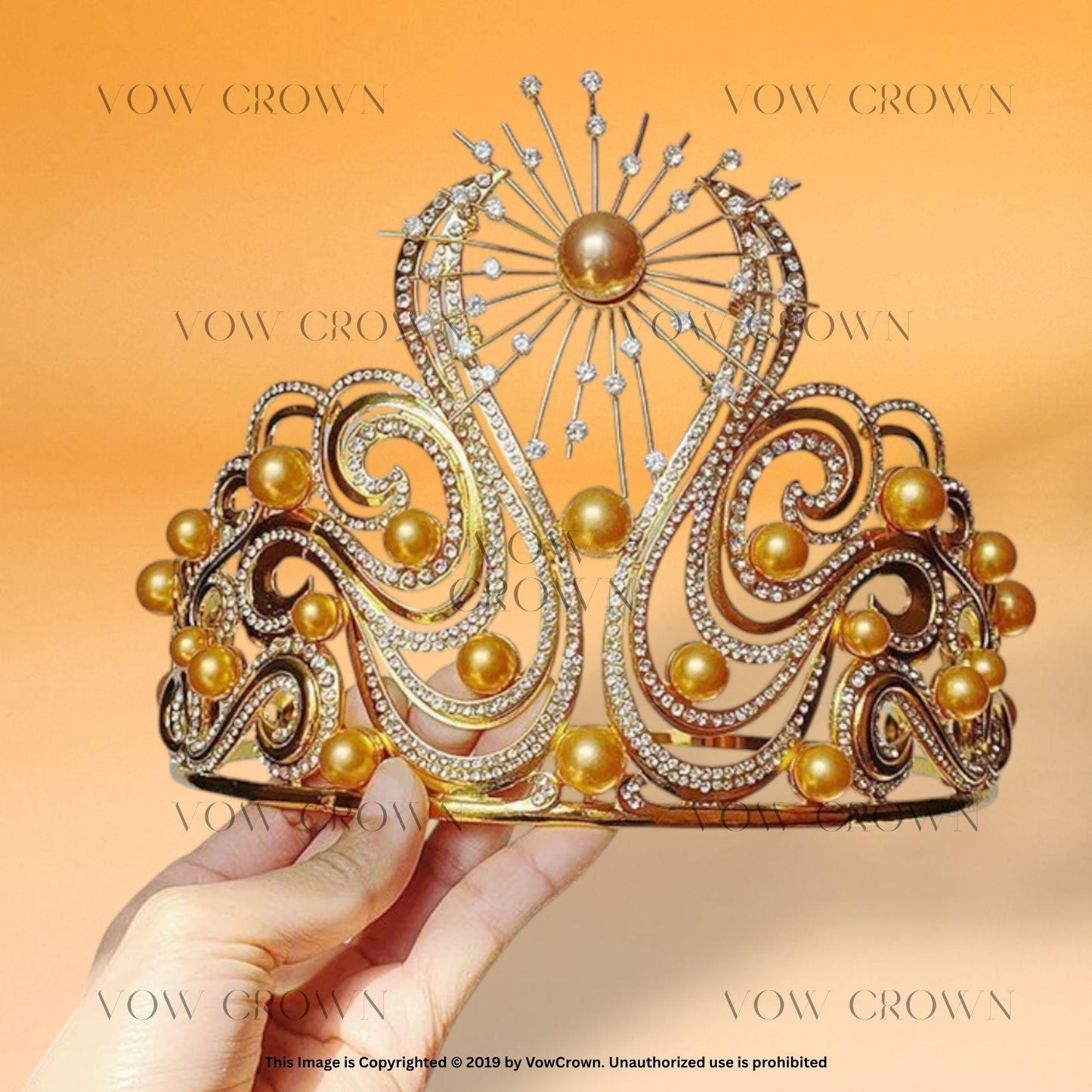 Golden Sunburst Pearl Crown: Celestial Goddess Tiara