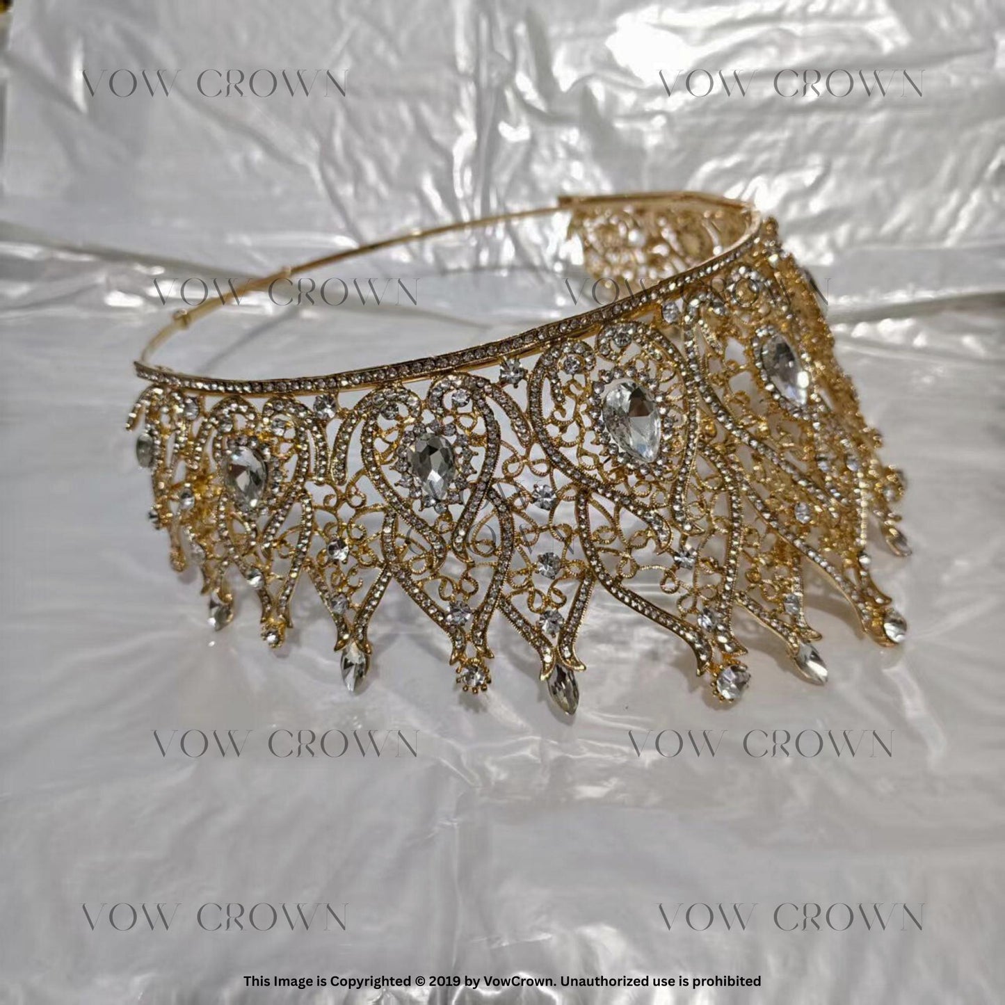 Handmade Royal Gold Rhinestone Wedding Crown: Filigree Crystal Tiara