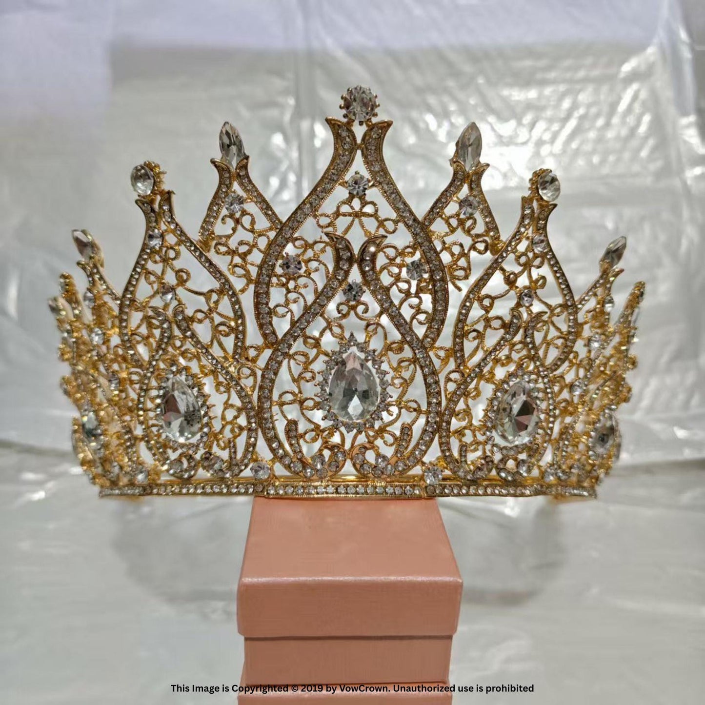 Handmade Royal Gold Rhinestone Wedding Crown: Filigree Crystal Tiara