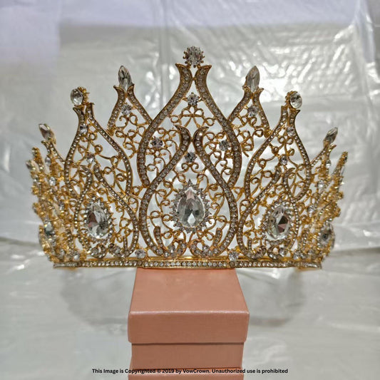 Handmade Royal Gold Rhinestone Wedding Crown: Filigree Crystal Tiara