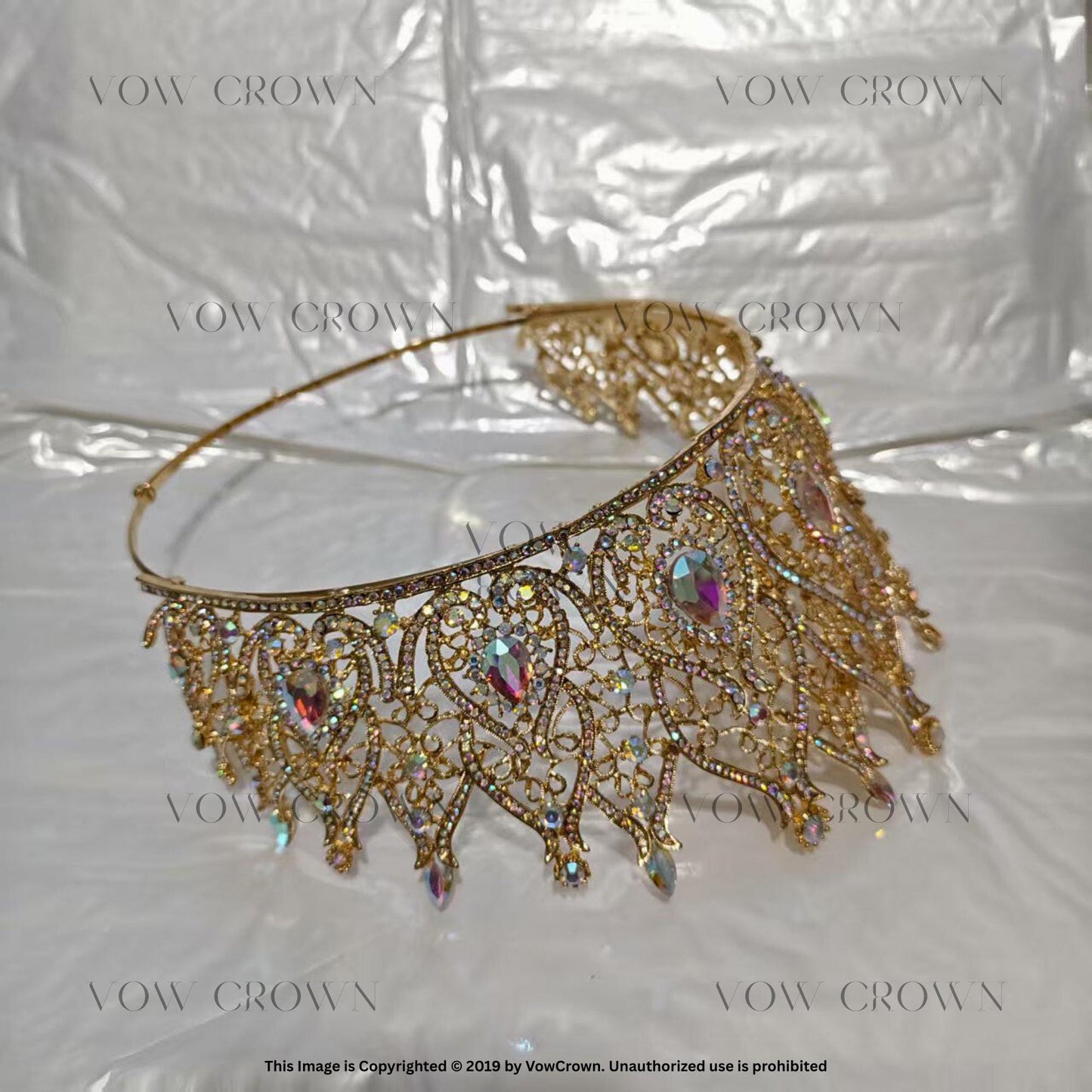Handmade Gold Filigree AB Crystal Wedding Crown: Royal Bridal Tiara