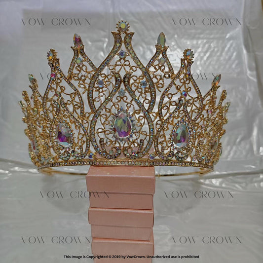 Handmade Gold Filigree AB Crystal Wedding Crown: Royal Bridal Tiara