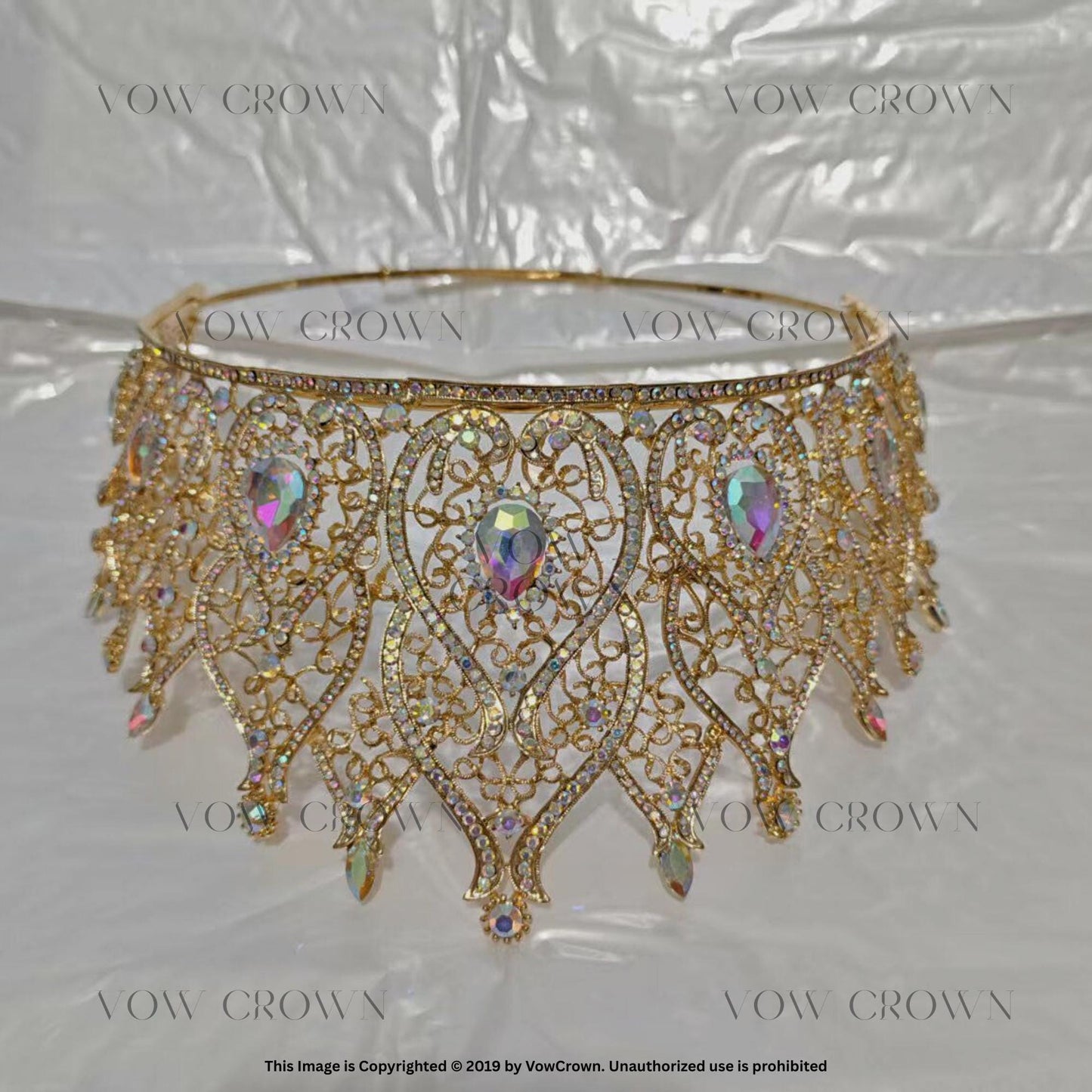 Handmade Gold Filigree AB Crystal Wedding Crown: Royal Bridal Tiara