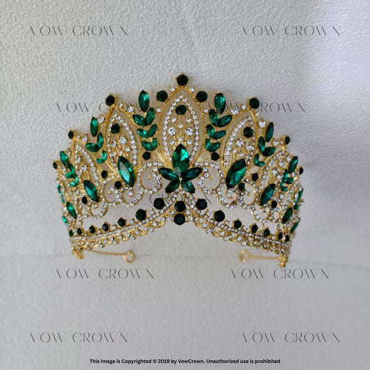Handmade Emerald Crystal Leaf Tiara: Gold Gemstone Princess Crown