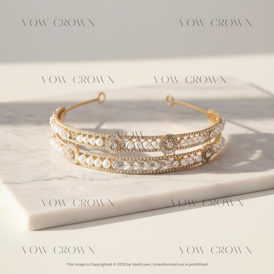 Crystal Pearl Bridal Headband | Gold or Silver Wedding Double-Band Tiara | Delicate Formal Hair Accessory