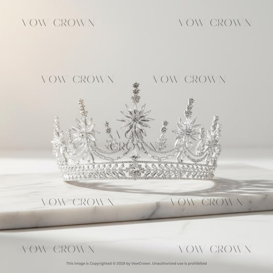 Silver Rhinestone Crystal Wedding Tiara | Large Sparkle Crystal Cluster Crown with Baguettes