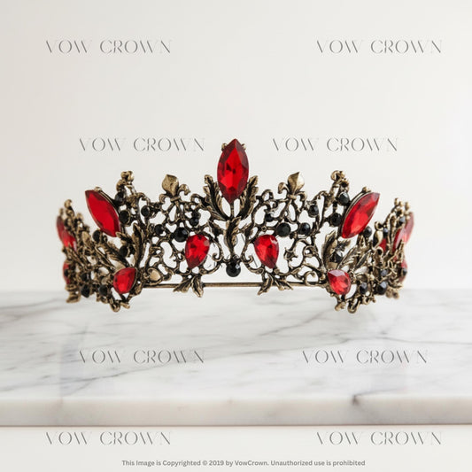 Gothic Red Crystal Crown | Antique Bronze Tiara, Dark Wedding