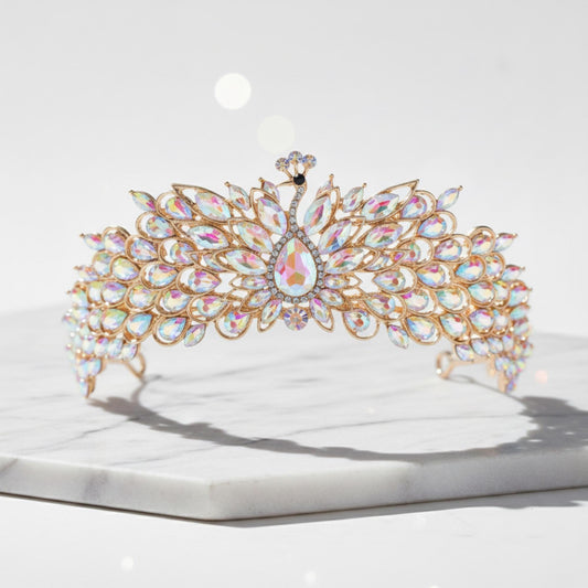 Aurora Borealis Crystal Peacock Tiara | Rhinestone Feather Crown