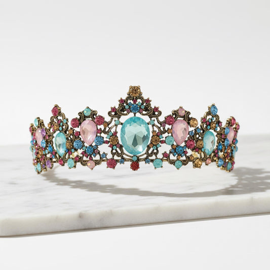Vintage Multi-Color Crystal Tiara | Antique Bronze Rainbow Crown | Bohemian Pageant Headpiece | Prom Queen Accessory