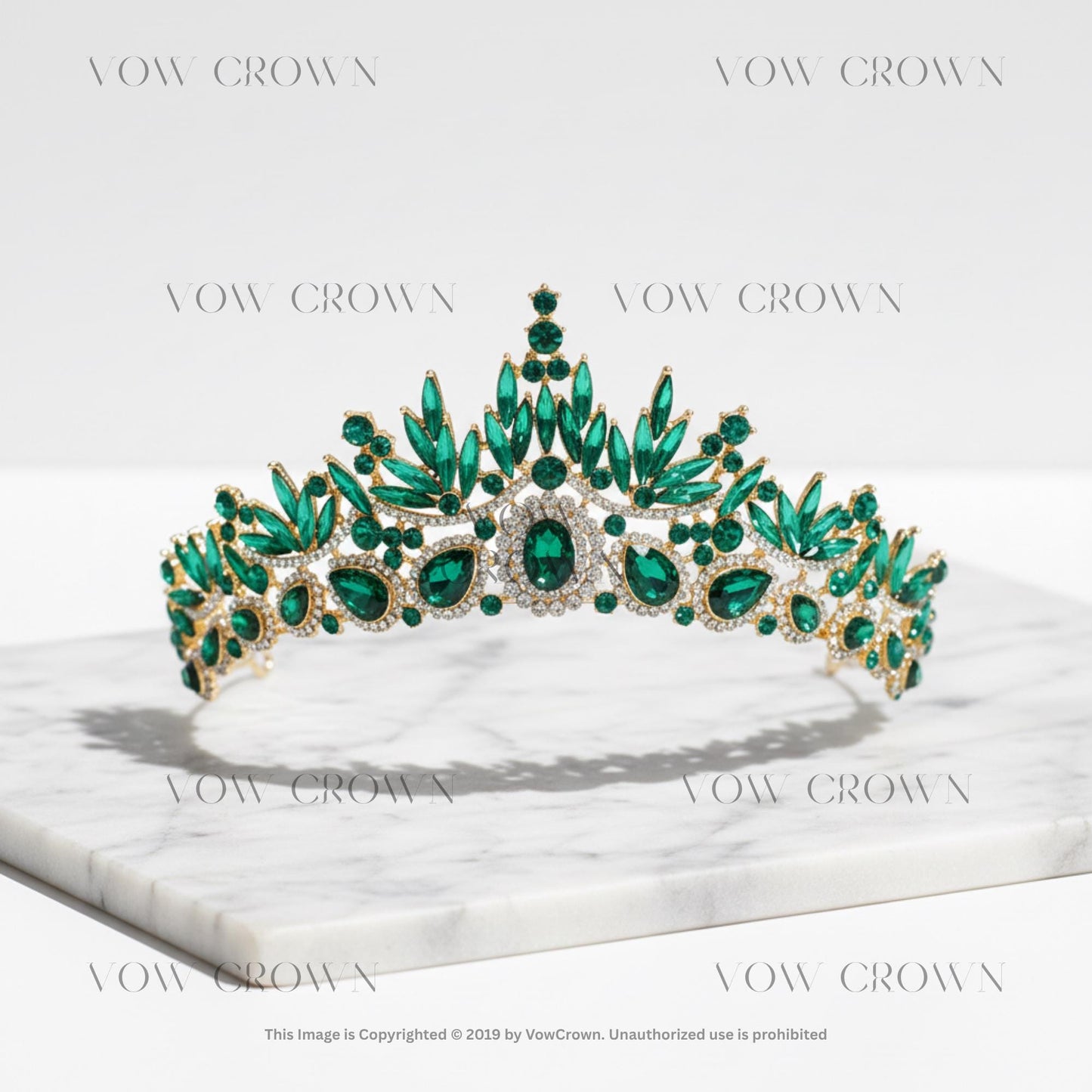 Emerald Green Rhinestone Bridal Tiara | Gold Floral Diadem