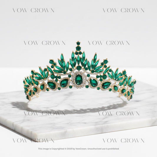 Emerald Green Rhinestone Bridal Tiara | Gold Floral Diadem