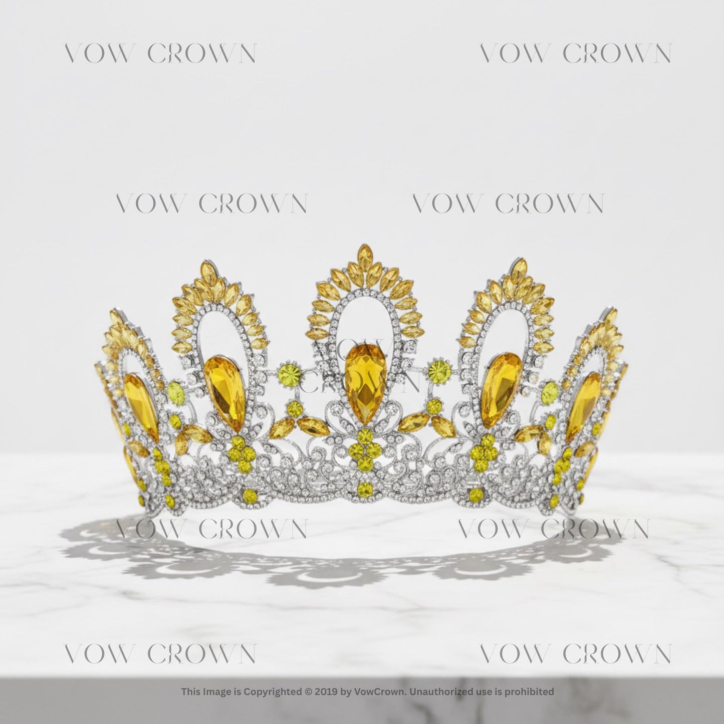 Citrine Yellow Big Crystal Royal Queen Diadem Tiara | Floral Wedding Crown | Prom Pageant Headpiece