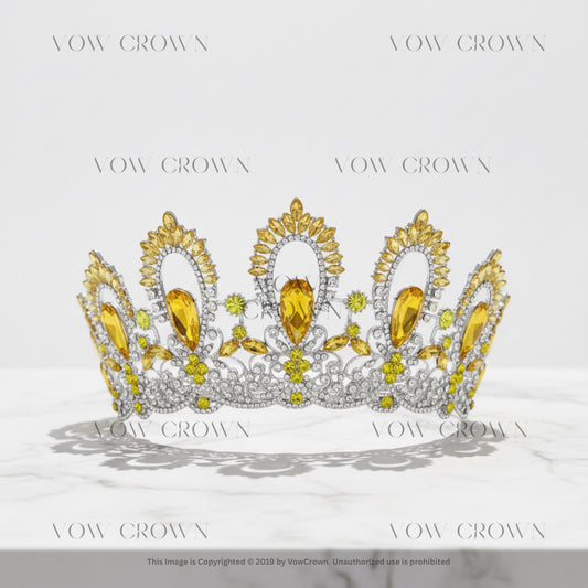 Citrine Yellow Big Crystal Royal Queen Diadem Tiara | Floral Wedding Crown | Prom Pageant Headpiece