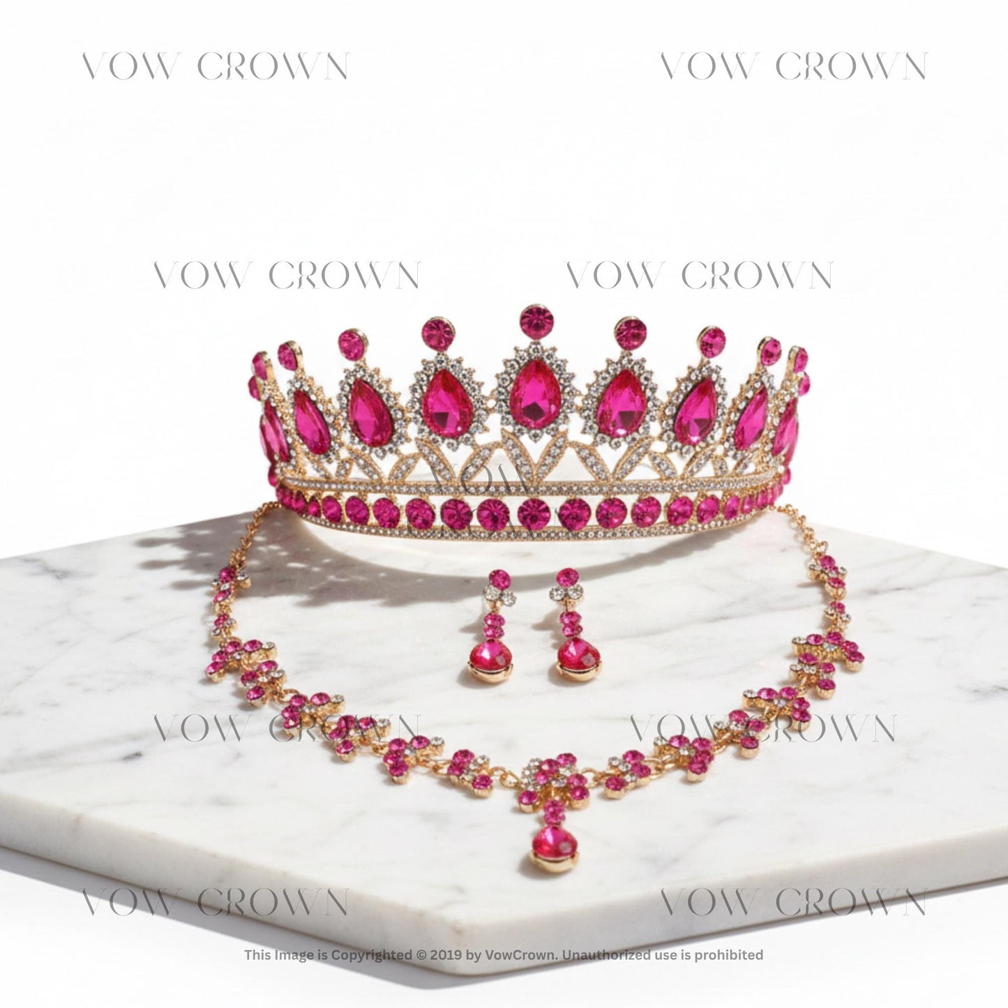 Hot Pink Crystal Tiara Necklace Earring Set, Gold Rhinestone Bridal Crown