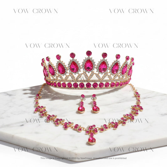 Hot Pink Crystal Tiara Necklace Earring Set, Gold Rhinestone Bridal Crown