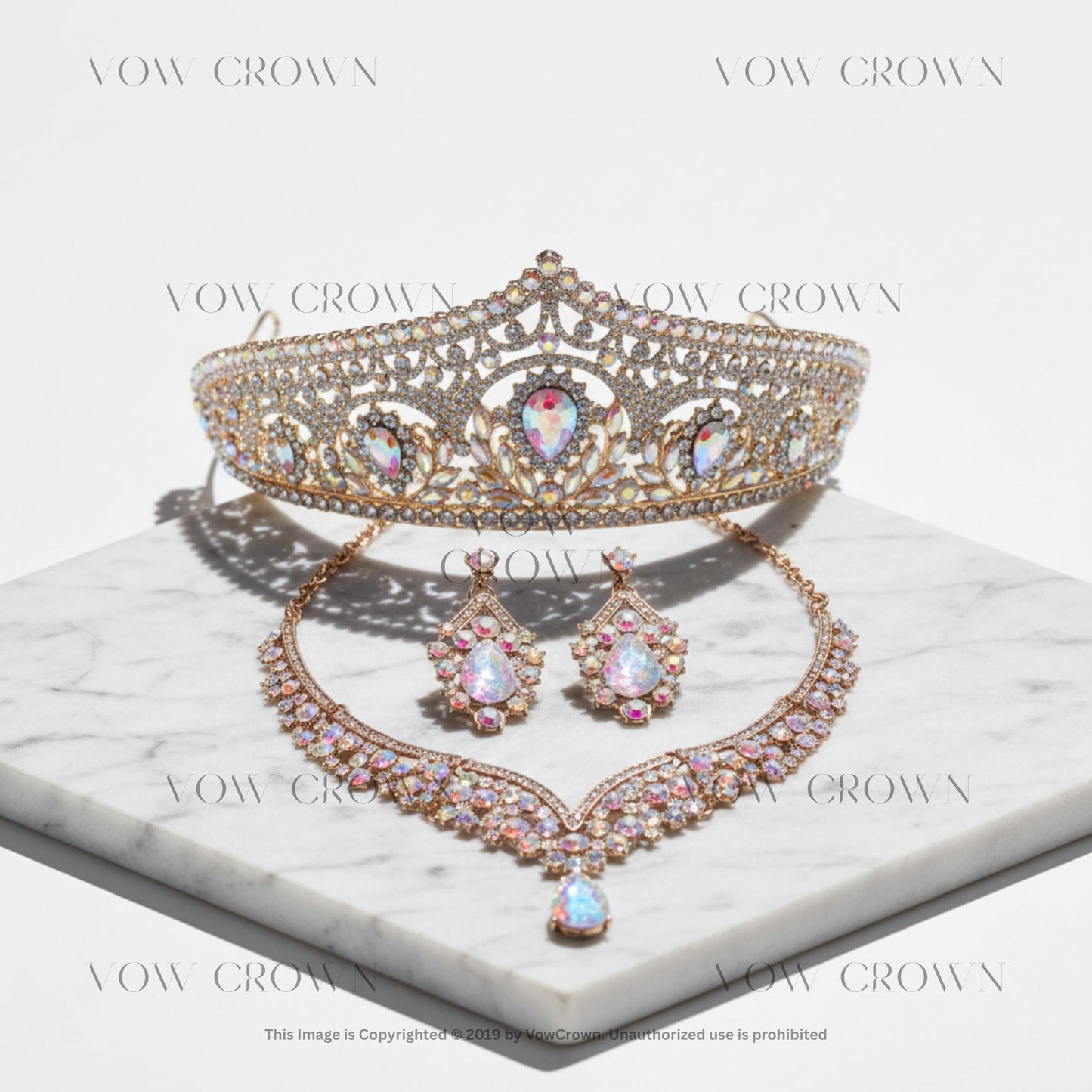 Opal Pink Crystal Tiara Jewelry Set | Princess Bride Rhinestone Crown