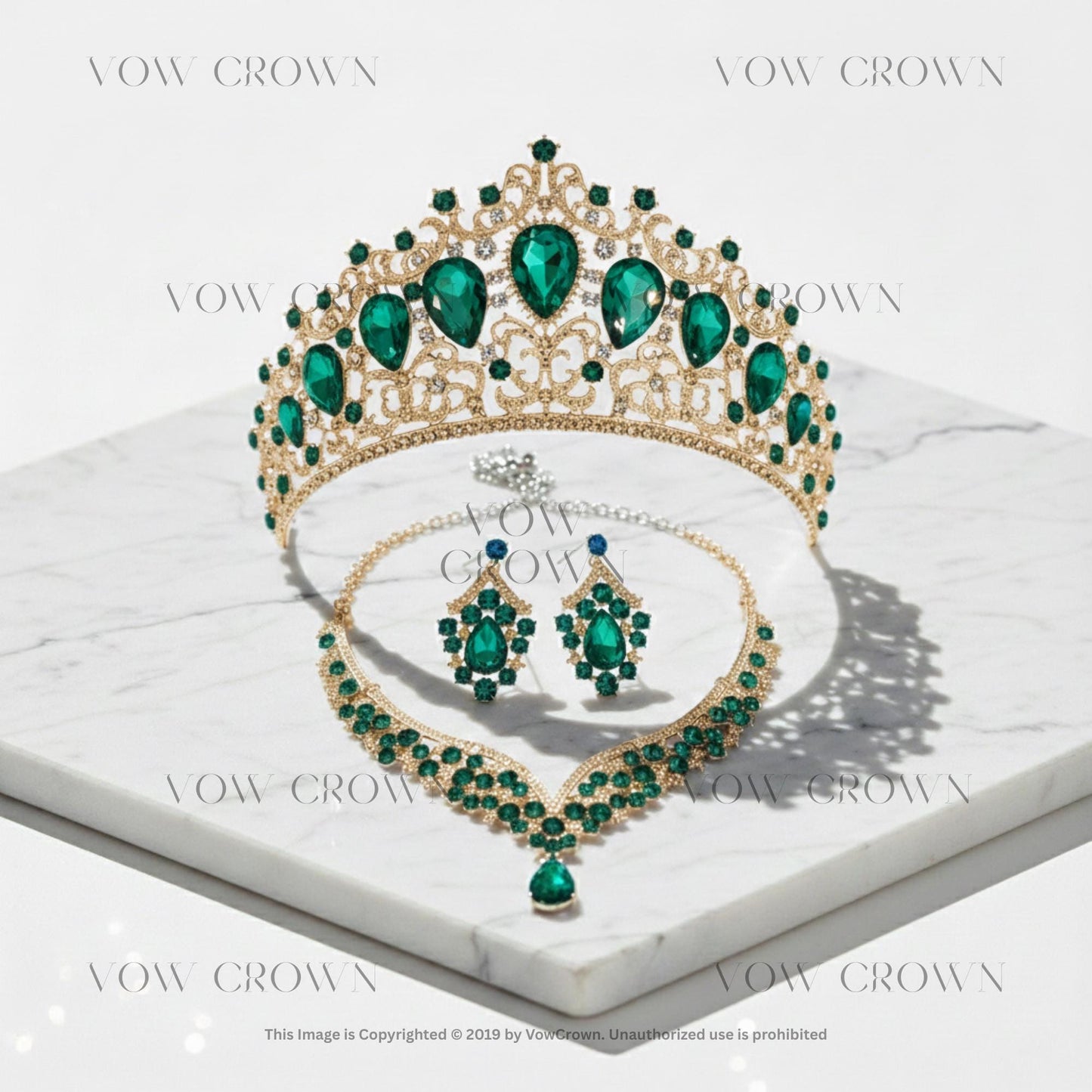 Emerald Green Crystal Tiara Necklace and Earrings Set, Bridal Rhinestone Jewelry