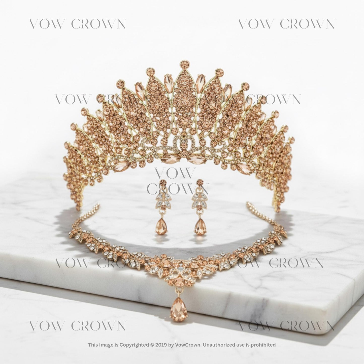 Gold Champagne Crystal Rhinestone Tiara Necklace Earrings Set | Red Blue Green Pink Jewelry Set