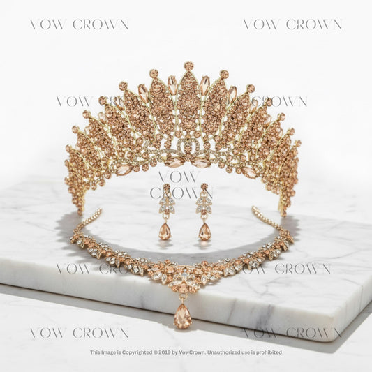 Gold Champagne Crystal Rhinestone Tiara Necklace Earrings Set | Red Blue Green Pink Jewelry Set