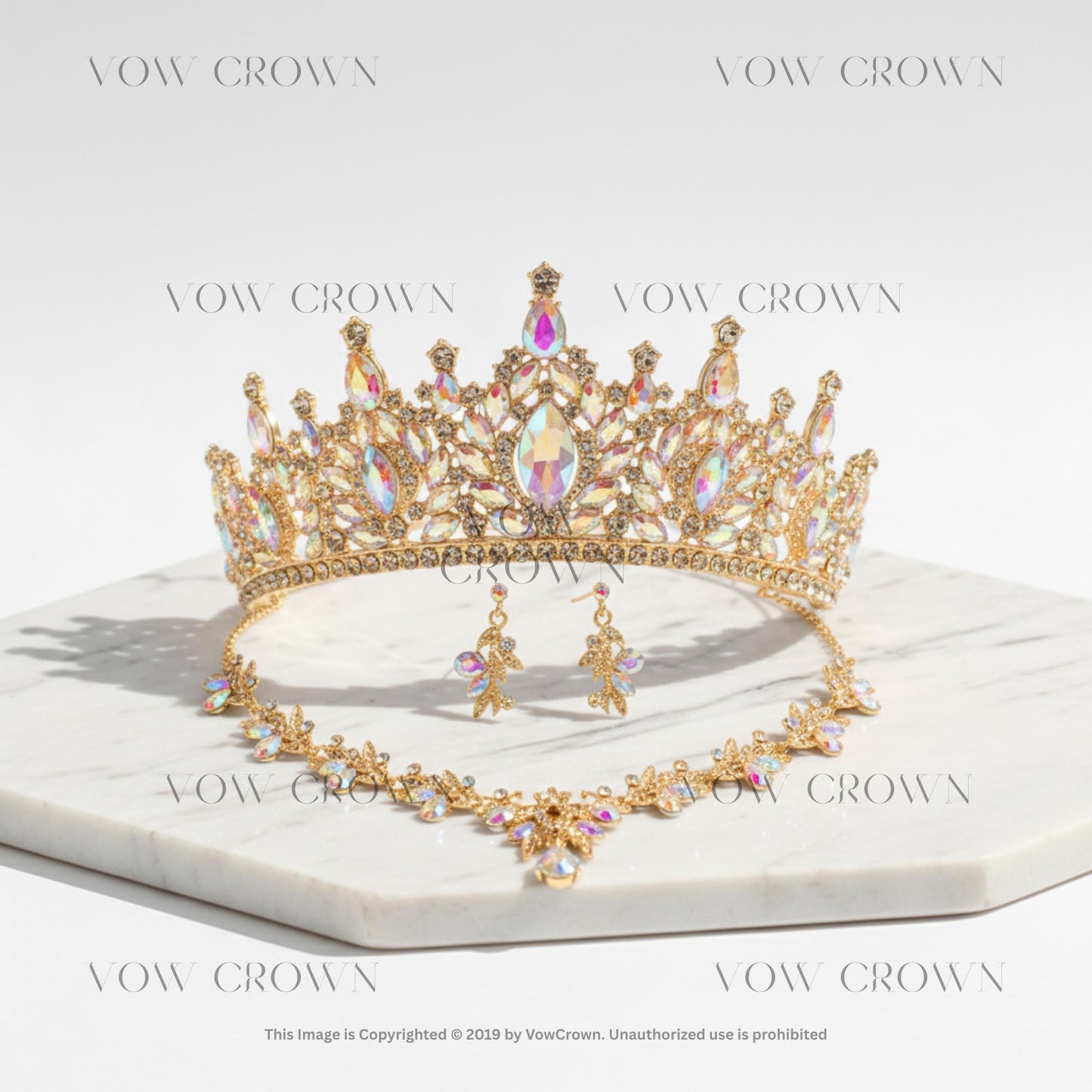 Gold Tiara Jewelry Set | Pink Crystal Rhinestone Bridal Crown