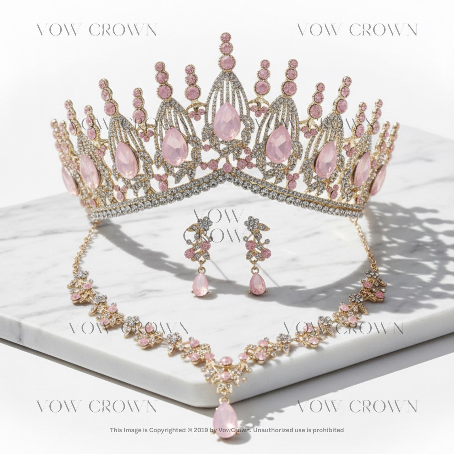 Opal Pink Crystal Bridal Tiara Necklace Earrings Set | Gold Green Blue Royal Wedding Jewelry