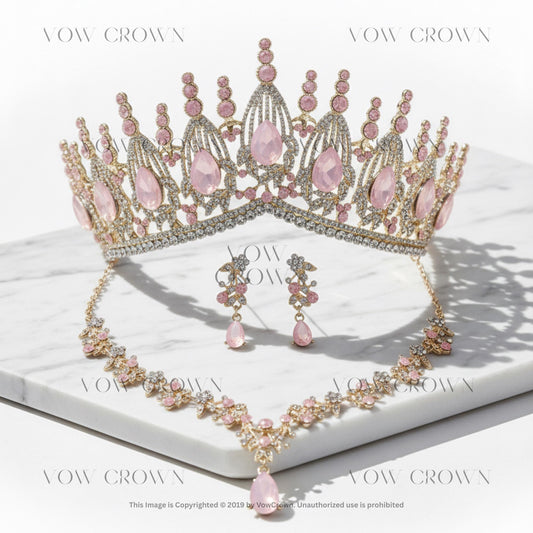 Opal Pink Crystal Bridal Tiara Necklace Earrings Set | Gold Green Blue Royal Wedding Jewelry