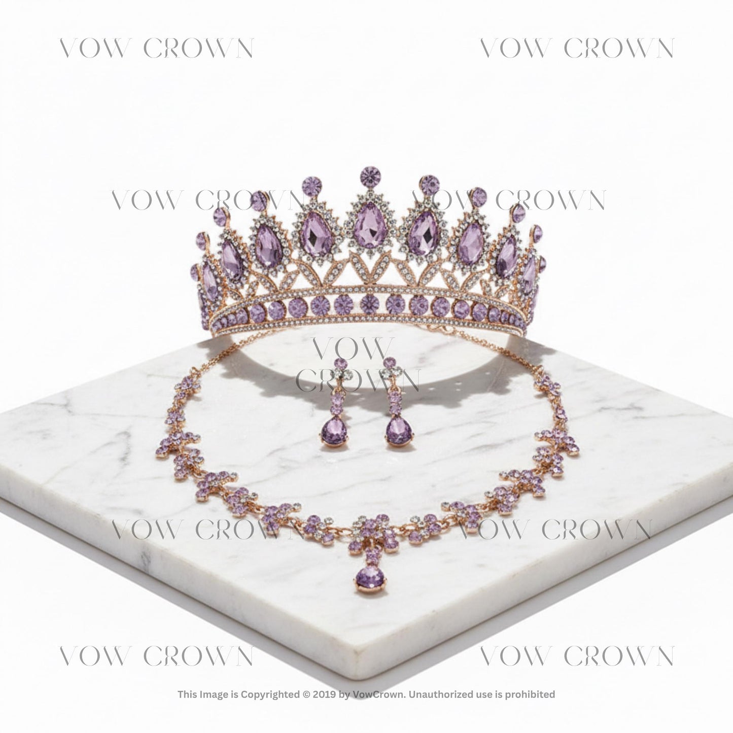 Hot Pink Crystal Tiara Necklace Earring Set, Gold Rhinestone Bridal Crown